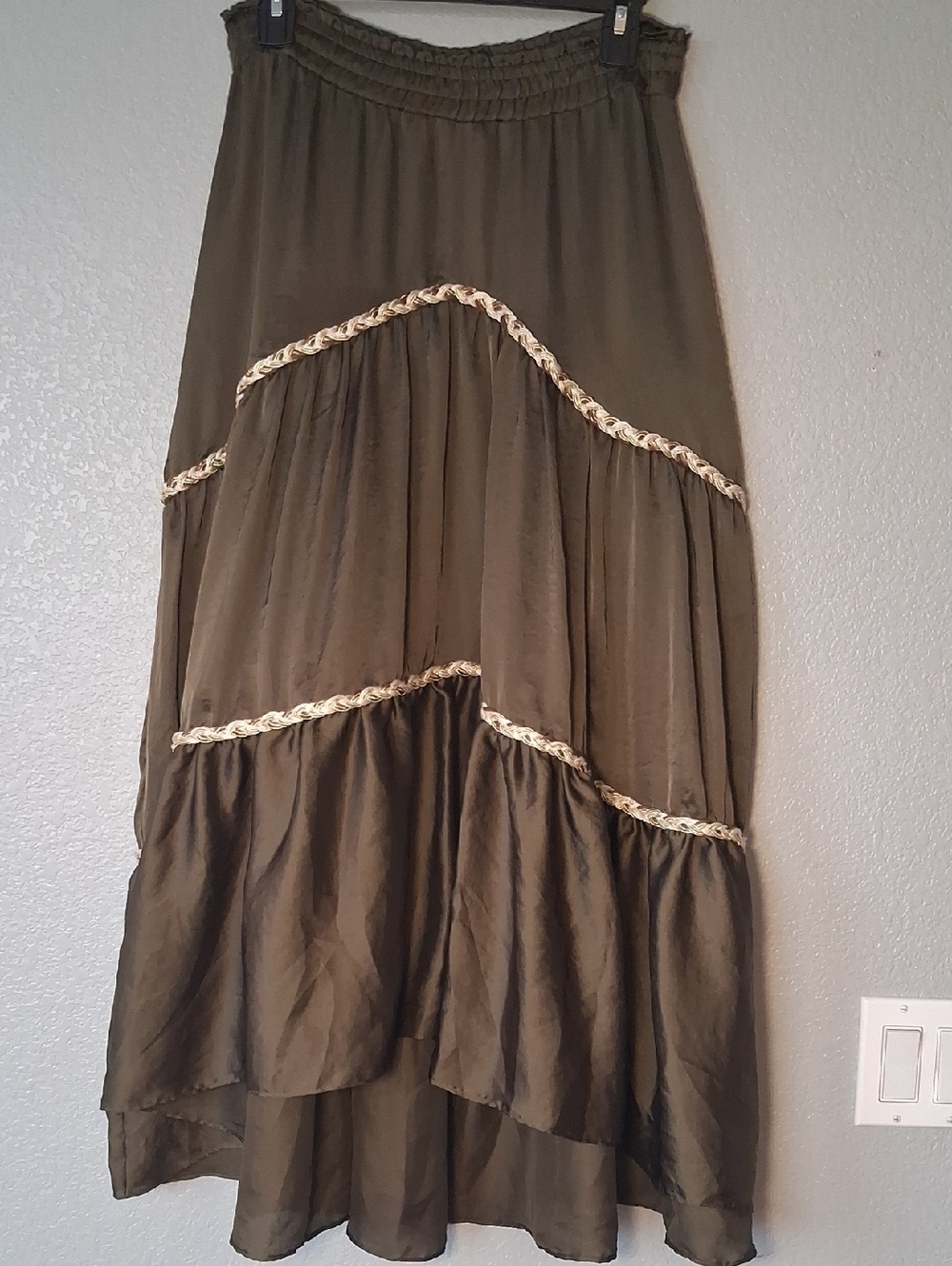 Misa Los Angeles Olive High-Low Tiered Maxi Skirt with Braided Trim
